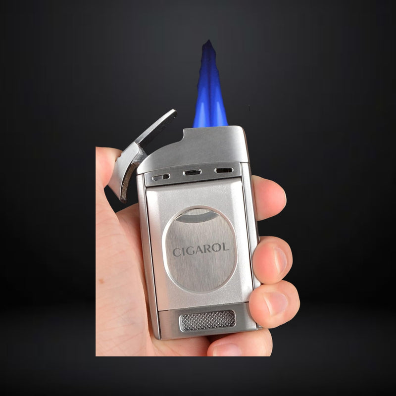 Cigarol Lighter with Two Blade Cigar Cutter – Silver