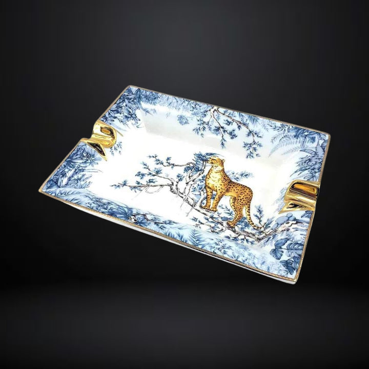 Lubinski Ceramic Cigar Ashtray for 2 Cigars Holder Lion Pattern Tray Design